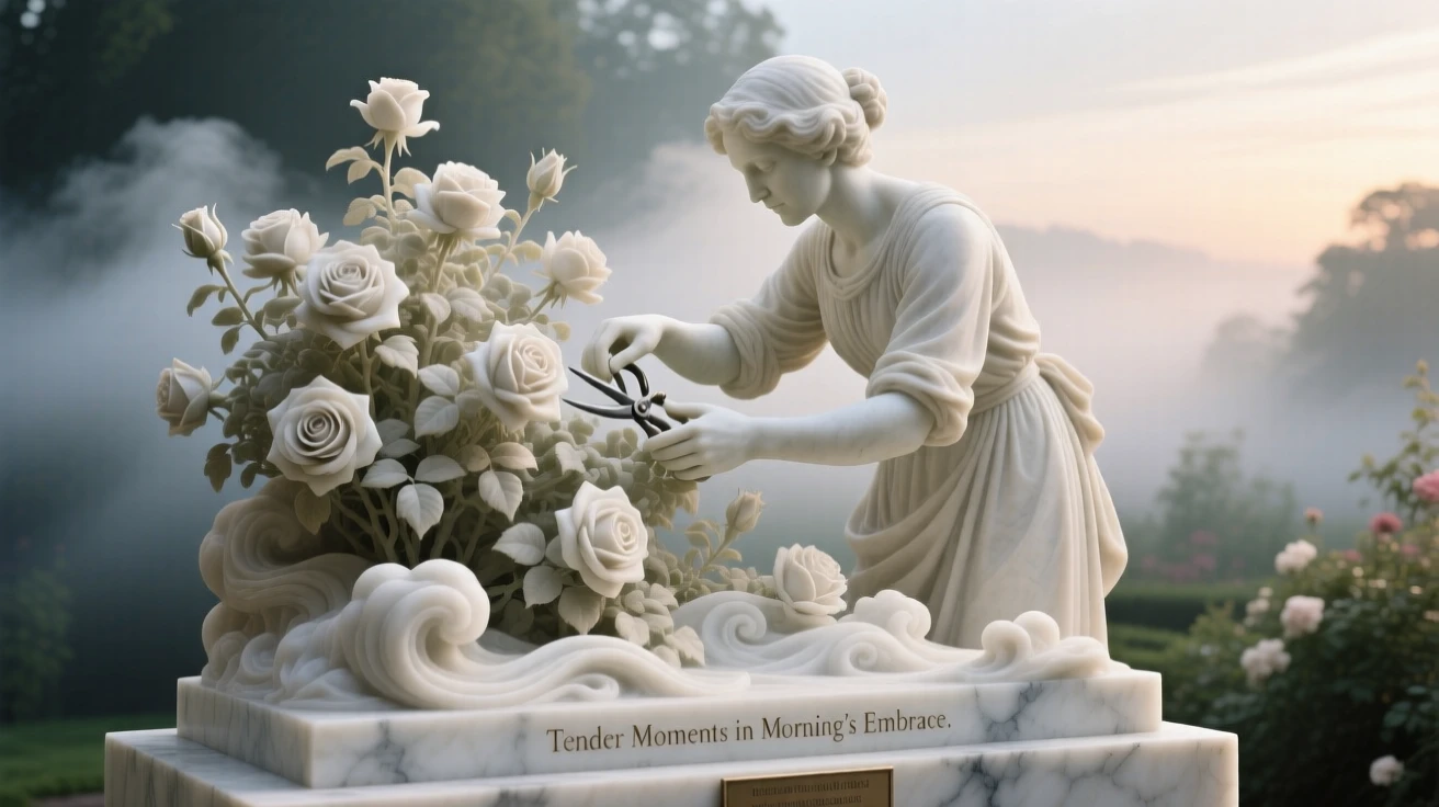 An evocative depiction of a gardener tending roses in early morning light, amid swirling clouds and mist, balancing detail with emotional depth