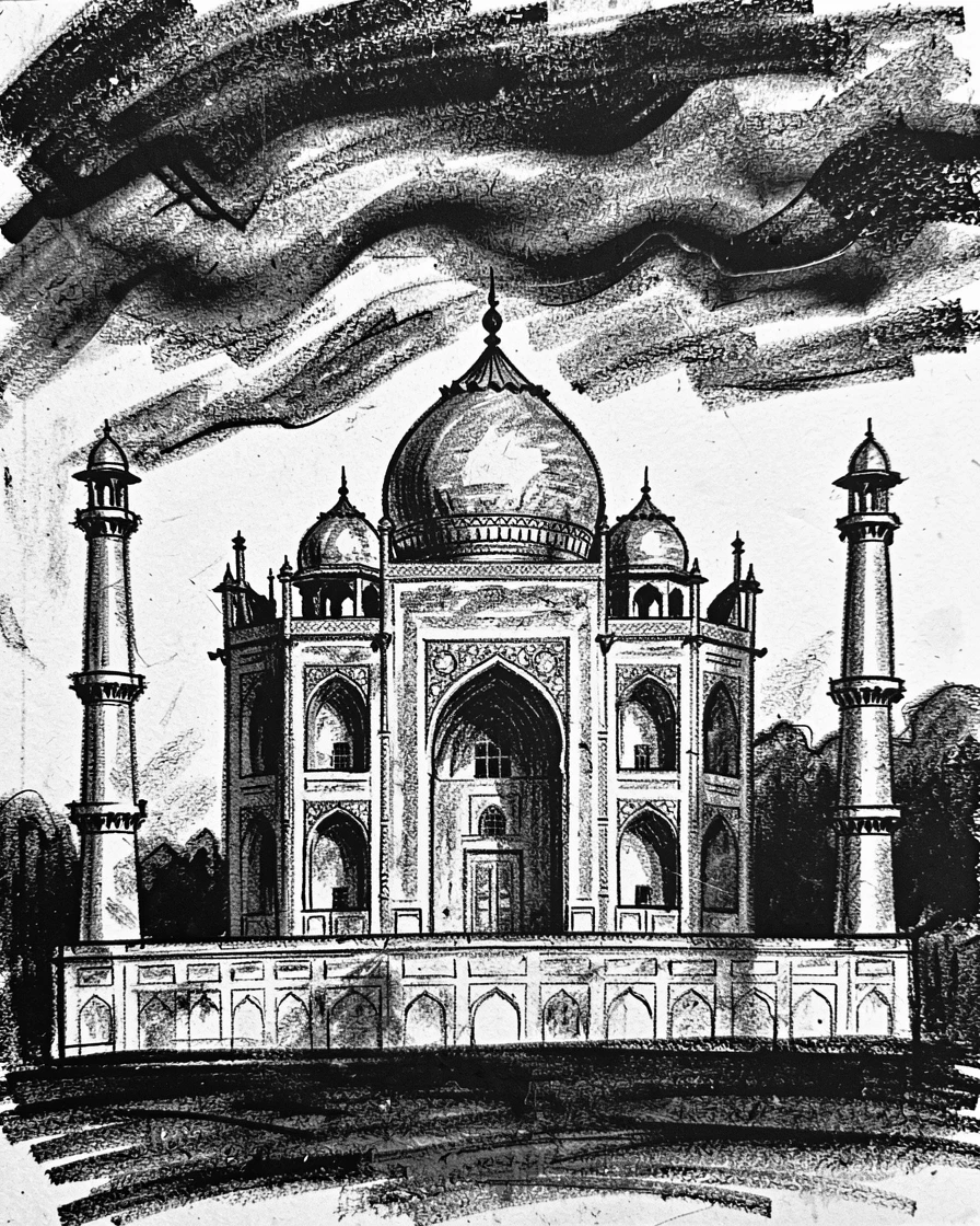 The Taj Mahal under a dramatic evening sky.
