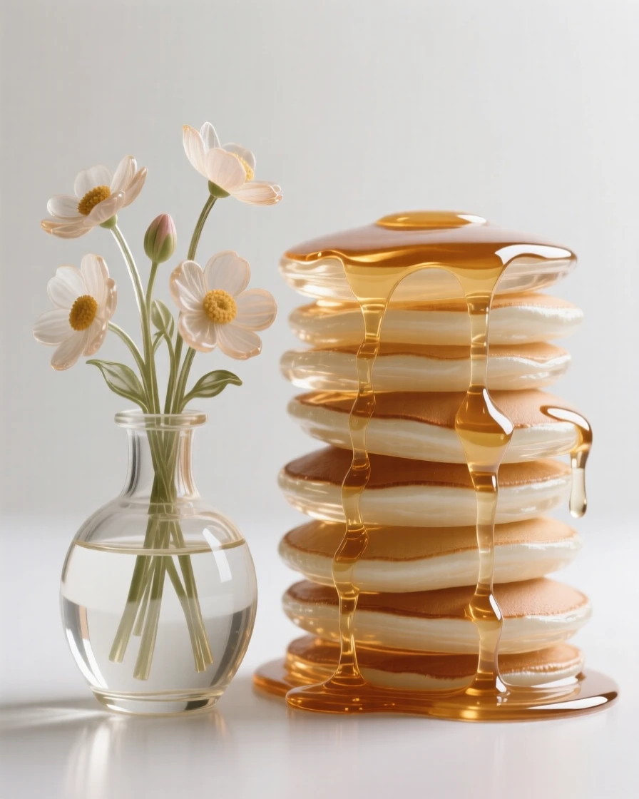 Beside a small vase of freshly cut flowers, a towering stack of pancakes drizzled with syrup, while the scent of fresh baking fills the room