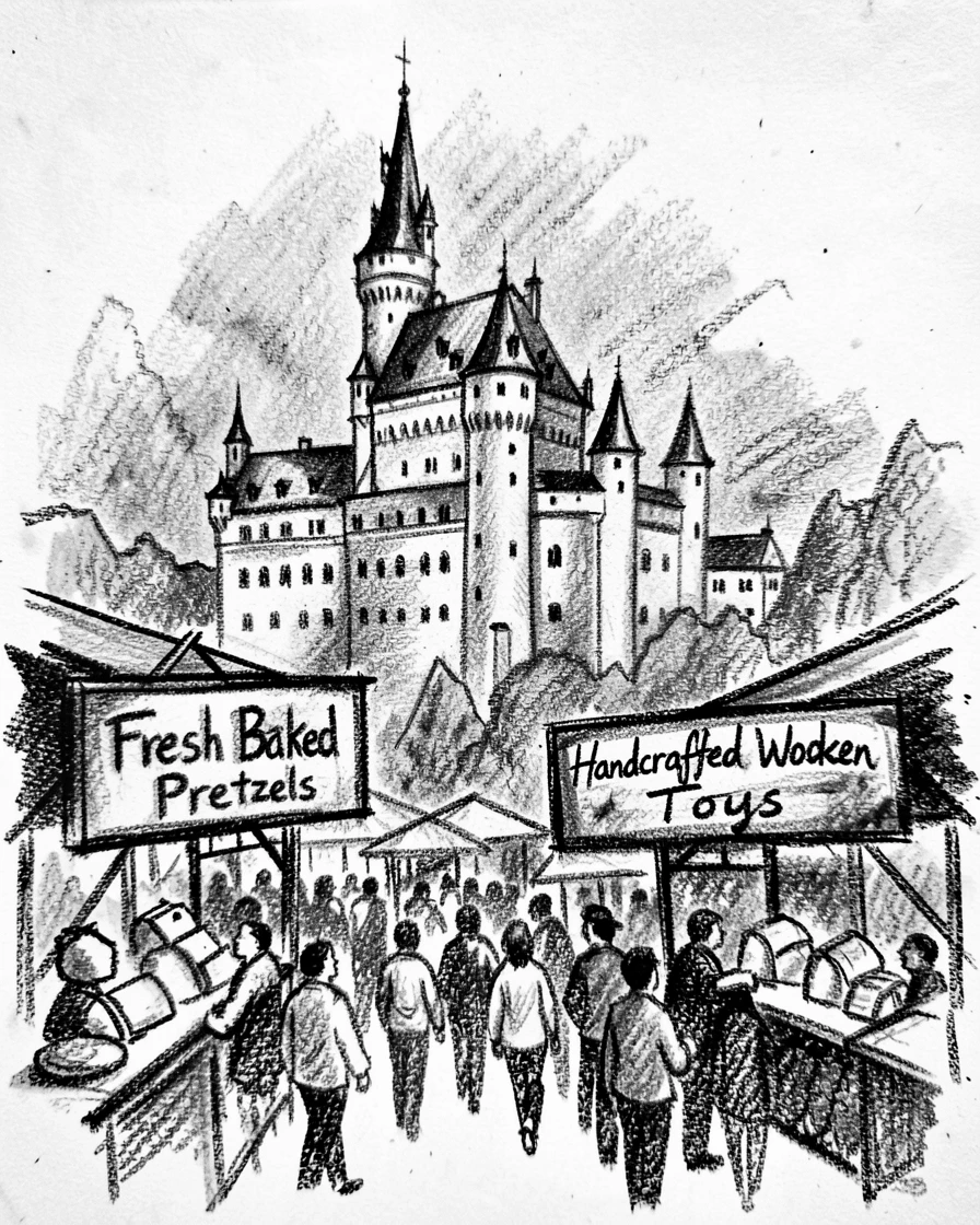 Neuschwanstein Castle surrounded by bustling crowds and market stalls.
