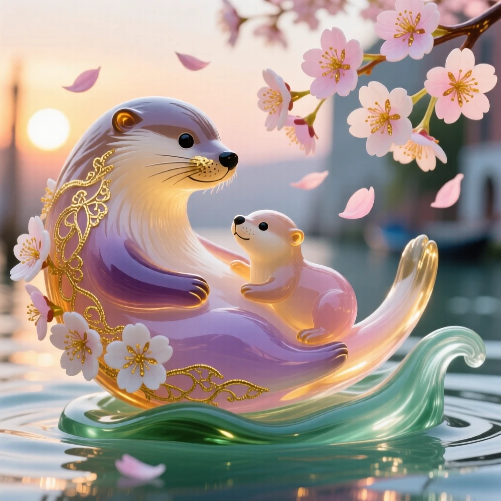 A mother otter and pup floating together beneath drifting cherry blossom petals at sunrise, tender and playful.
