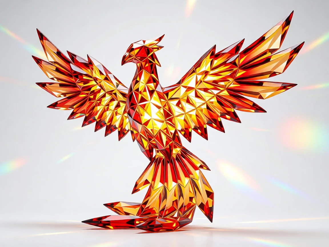 An abstract composition of geometric prisms forming a glowing phoenix silhouette.