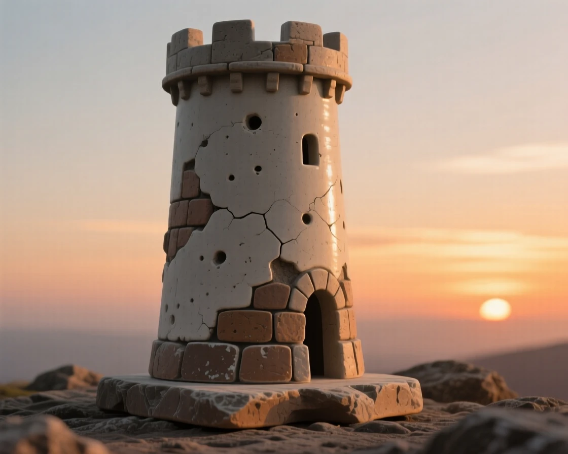 A lone watchtower silhouetted at sunset captured in the soft glow of sunset, with weathered stone showing centuries of history, stirring a sense of history and enduring beauty.