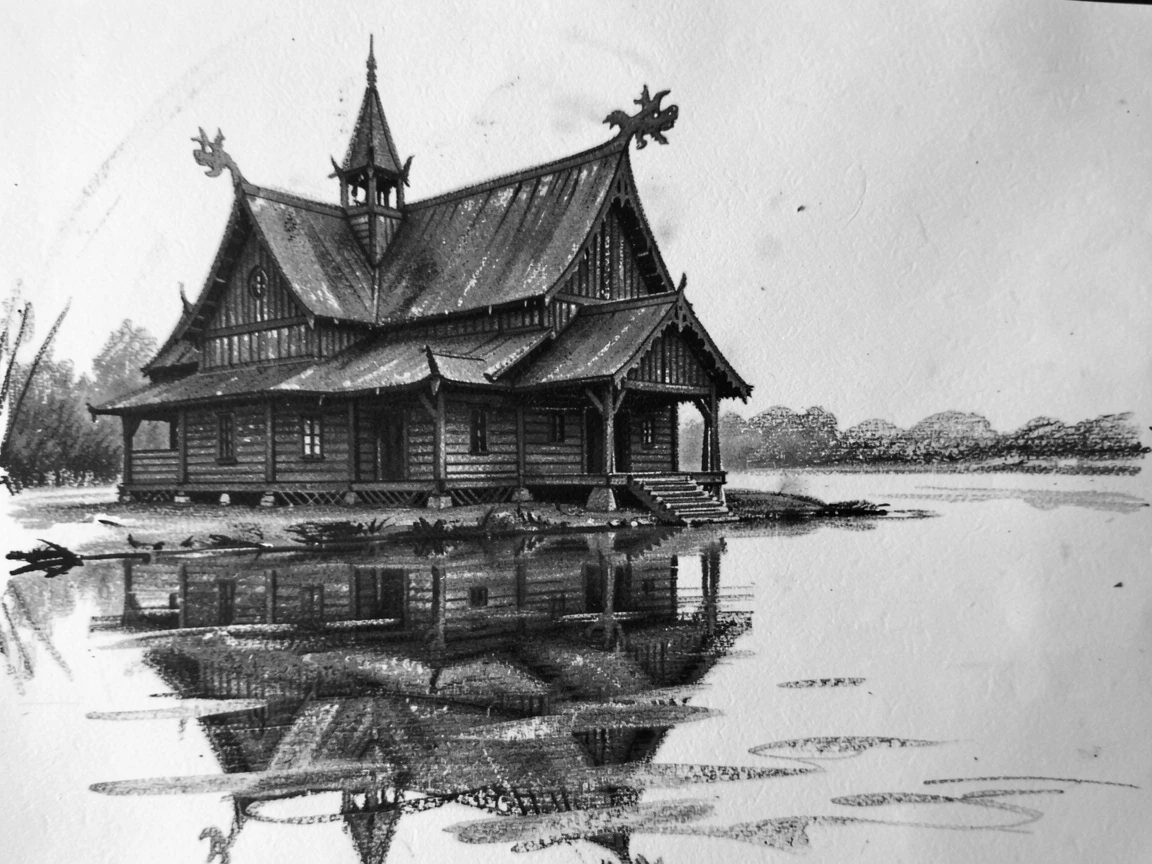 A Nordic wooden stave church reflected perfectly in calm water nearby.
