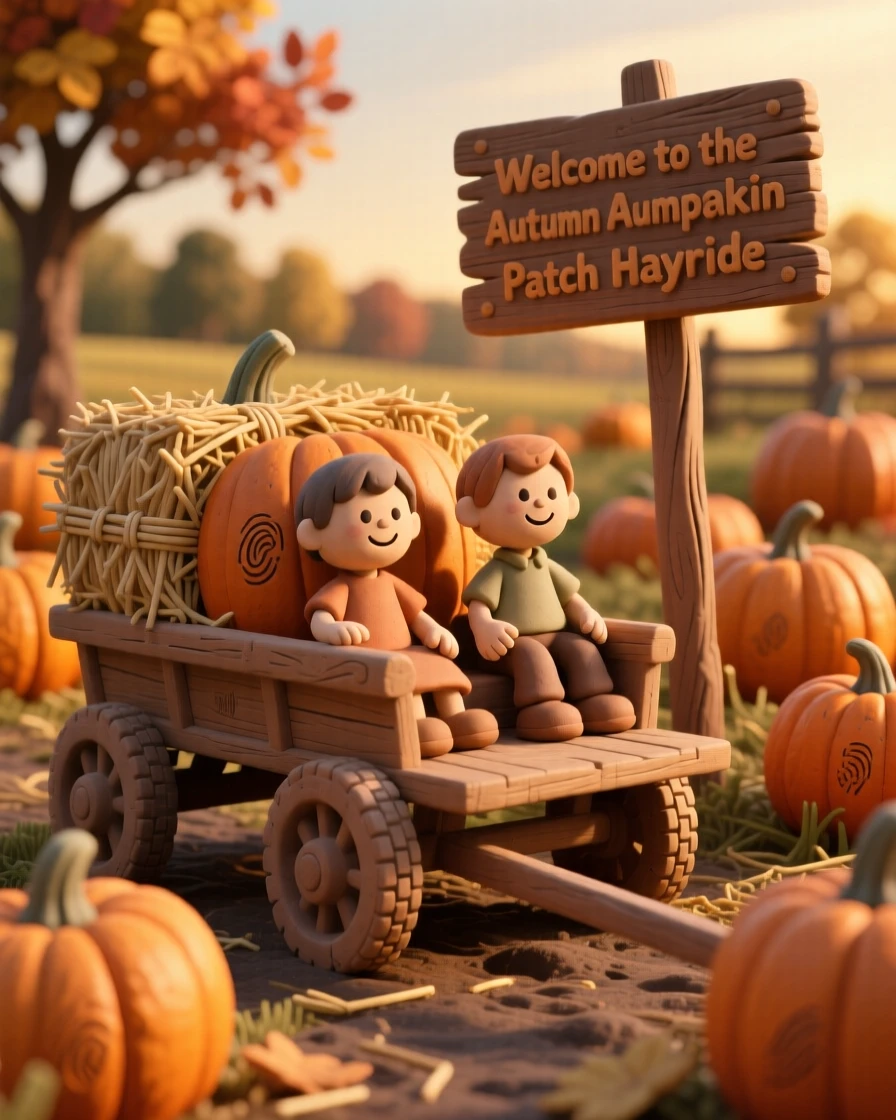An autumn pumpkin patch hayride at golden hour