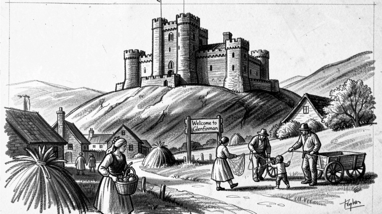 A Scottish highland castle with locals going about their daily life nearby.