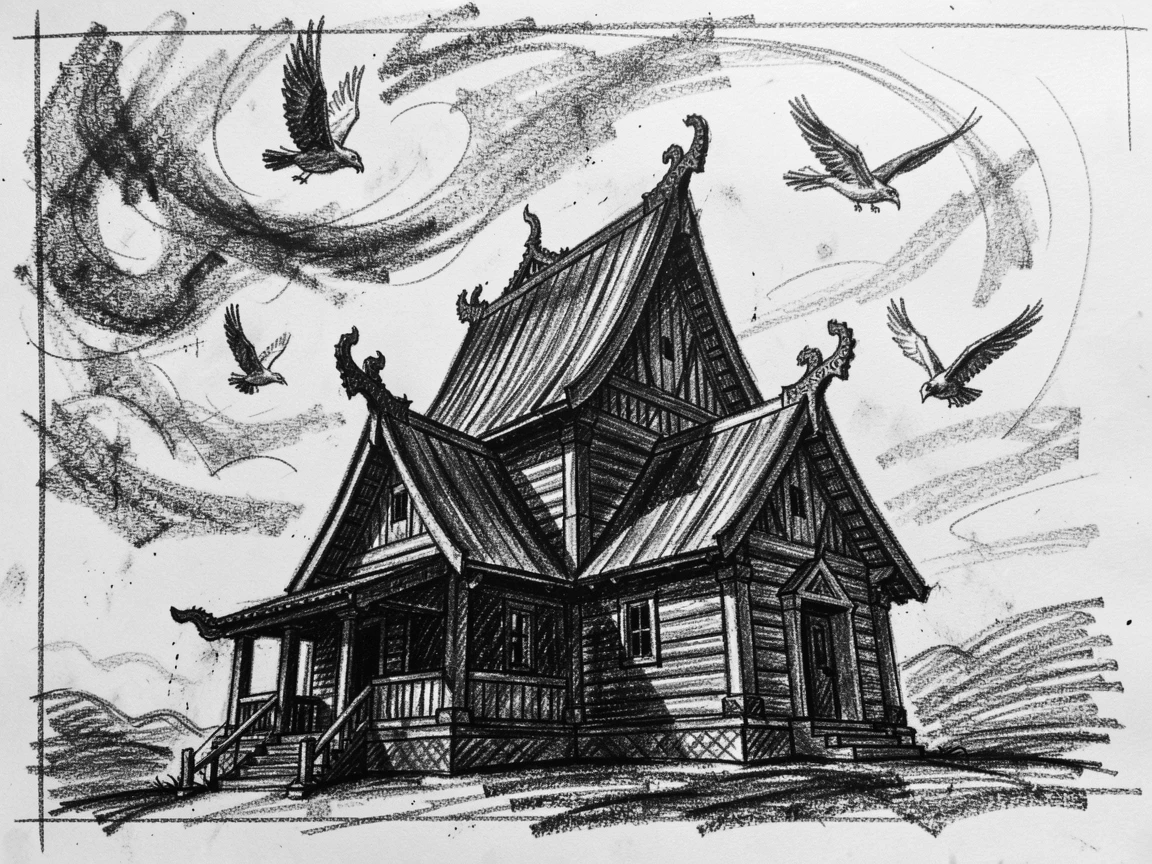 A Nordic wooden stave church as birds fly across the sky above.