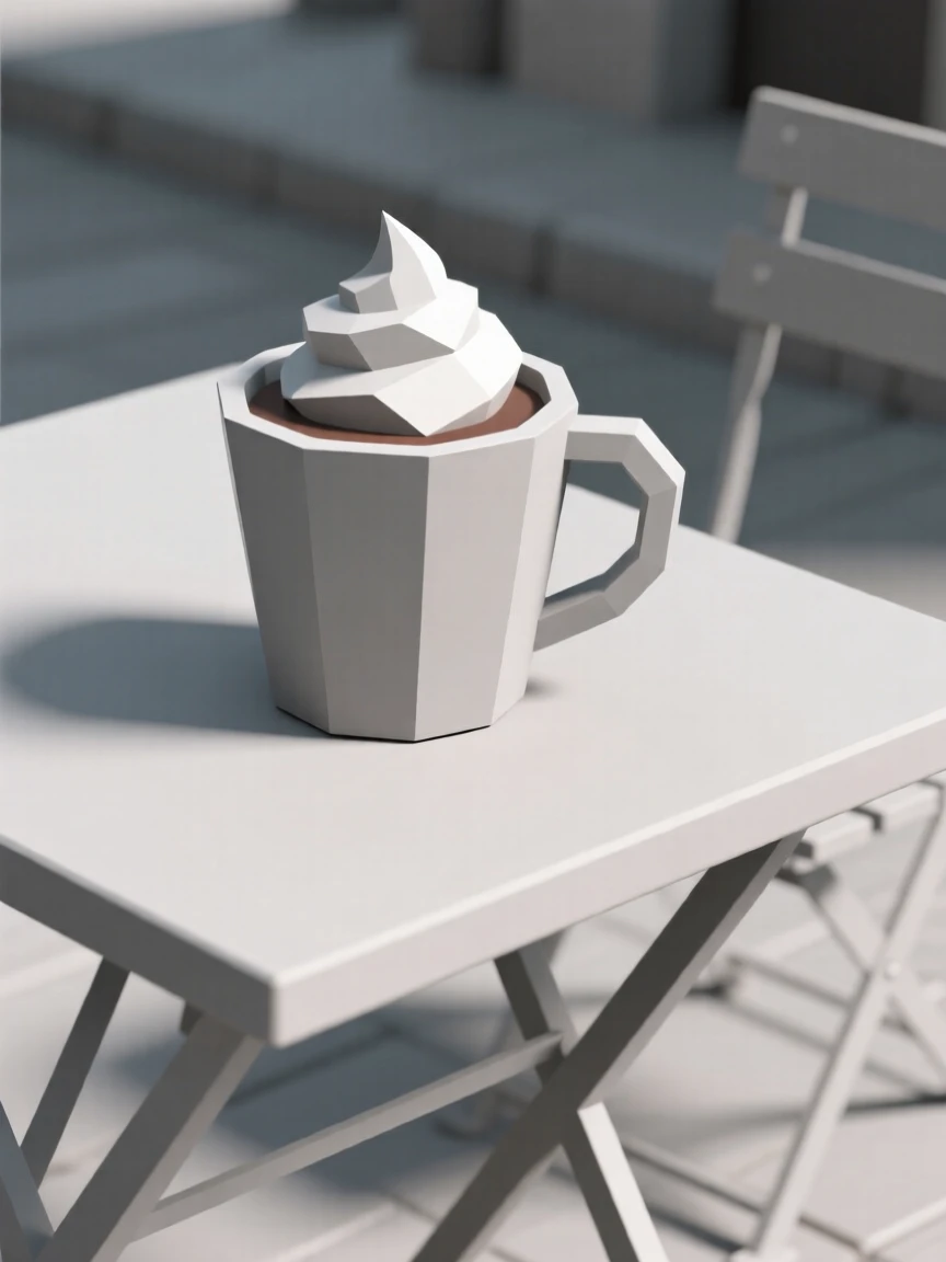 A cup of hot cocoa topped with whipped cream, at an outdoor café table. soft natural light highlights rich textures and colors. There is an inviting, homey atmosphere.