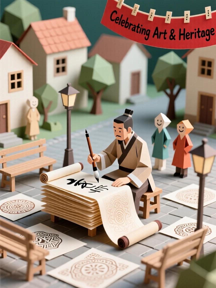 A skilled calligrapher at work celebrated in a lively village square, with intricate patterns catching the eye, evoking deep cultural heritage and pride.