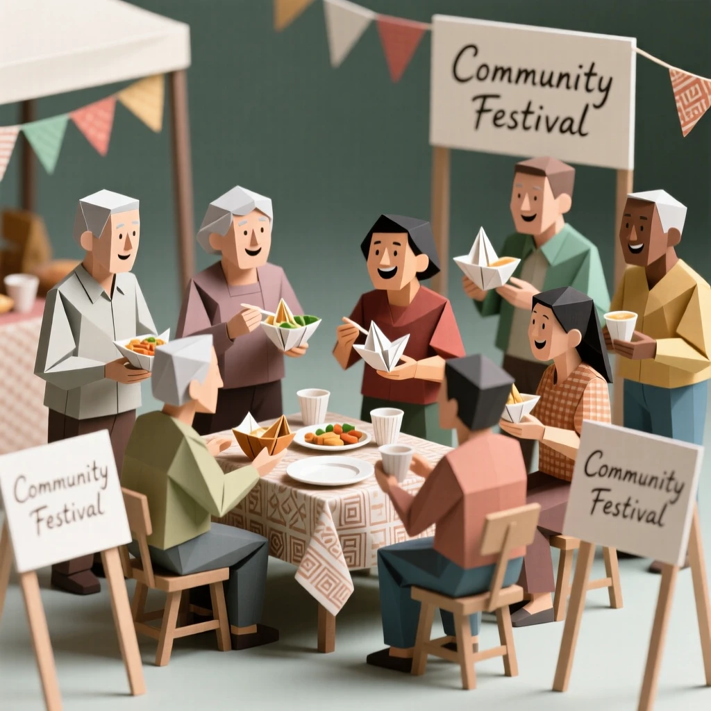 A community festival scene with neighbors of all backgrounds sharing food and laughter together.