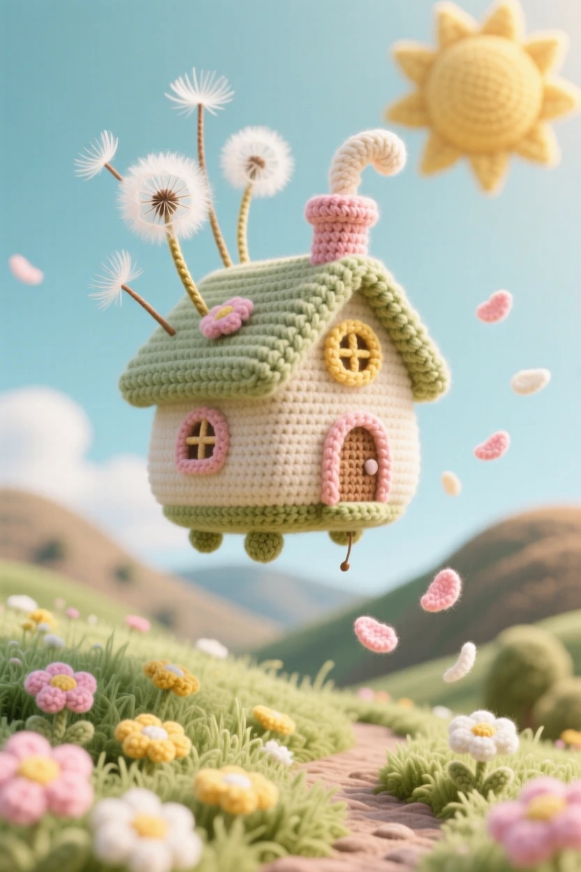 An imaginative scene of a small floating cottage held aloft by dandelion seeds with a tiny curling chimney, drifting above a sunlit meadow floating gently above a quiet valley; a trail of soft floating petals nearby, full of quiet delight in an impossible little world.
