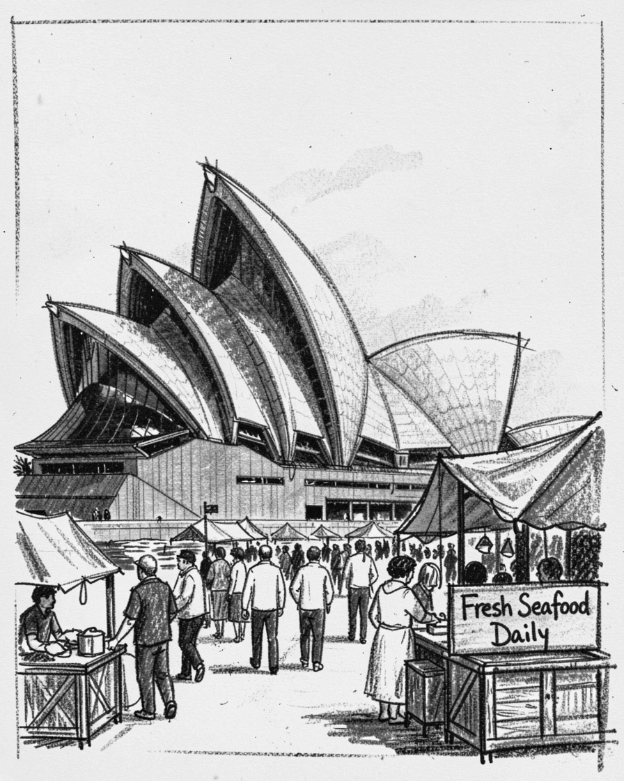 The Sydney Opera House surrounded by bustling crowds and market stalls.