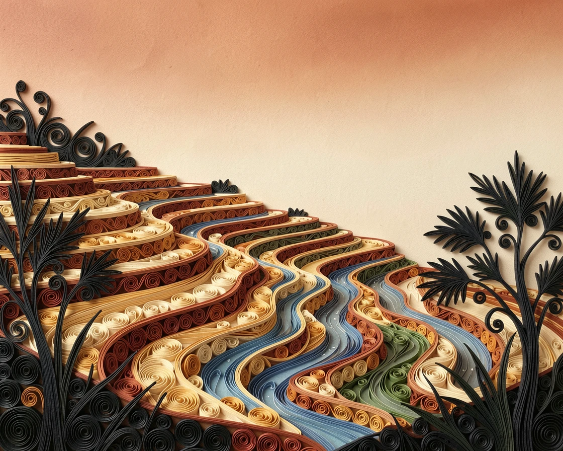 A breathtaking view of the rice terraces of Bali cascading down a hillside beneath a sky painted in soft sunset gradients, in warm terracotta and cream architectural tones, framed by silhouetted trees in the foreground.