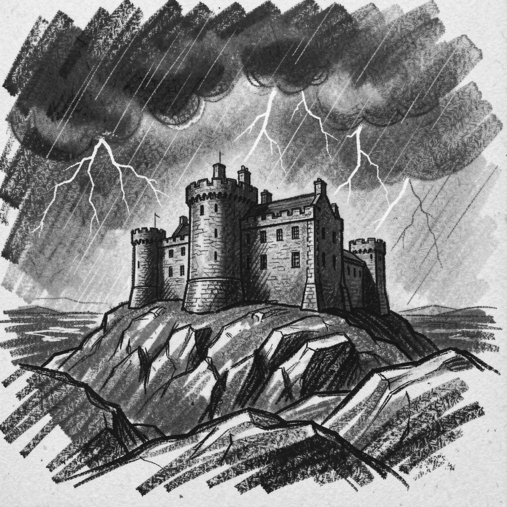 A Scottish highland castle as a storm rolls in over the horizon.