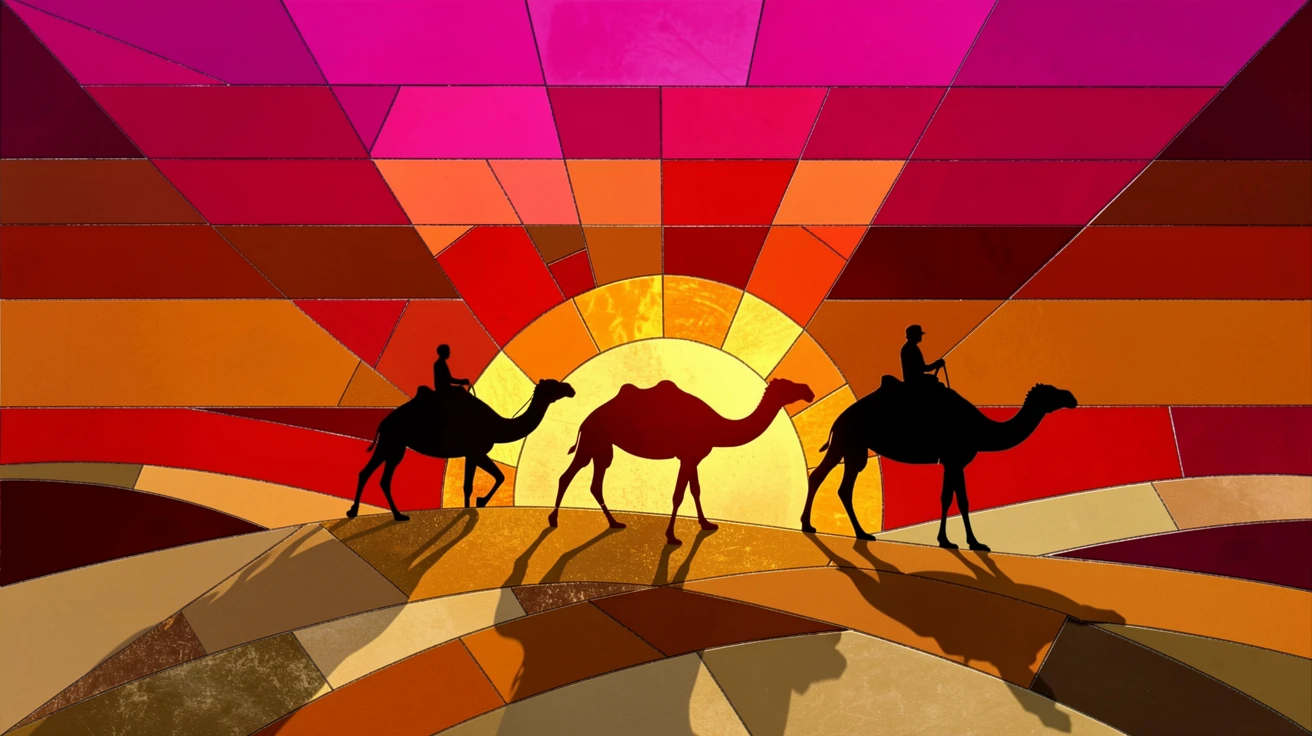 A dramatic desert sunset silhouetting a lone camel caravan.