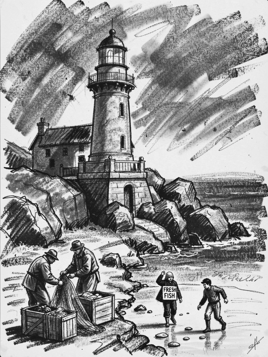 A lighthouse on a rocky coast with locals going about their daily life nearby.