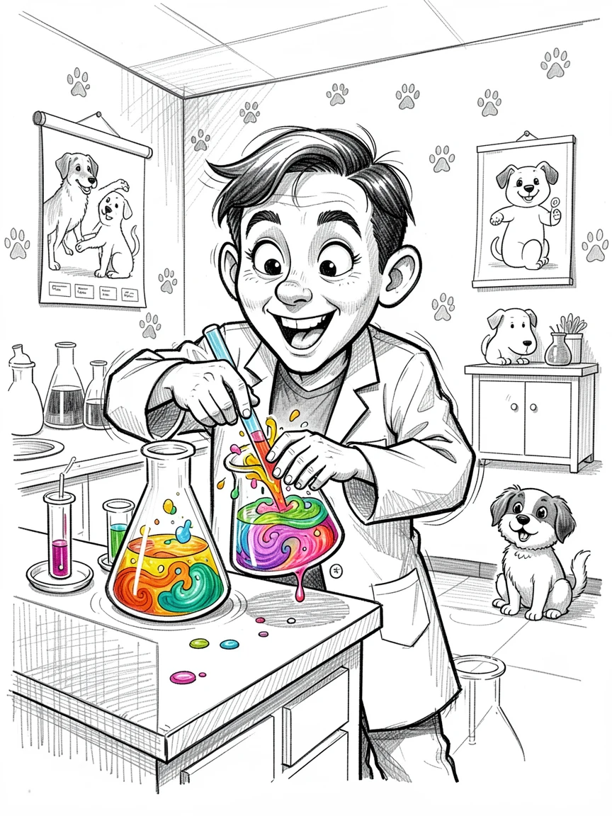 A scientist mixing colorful liquids in a lab in a bright veterinary clinic.