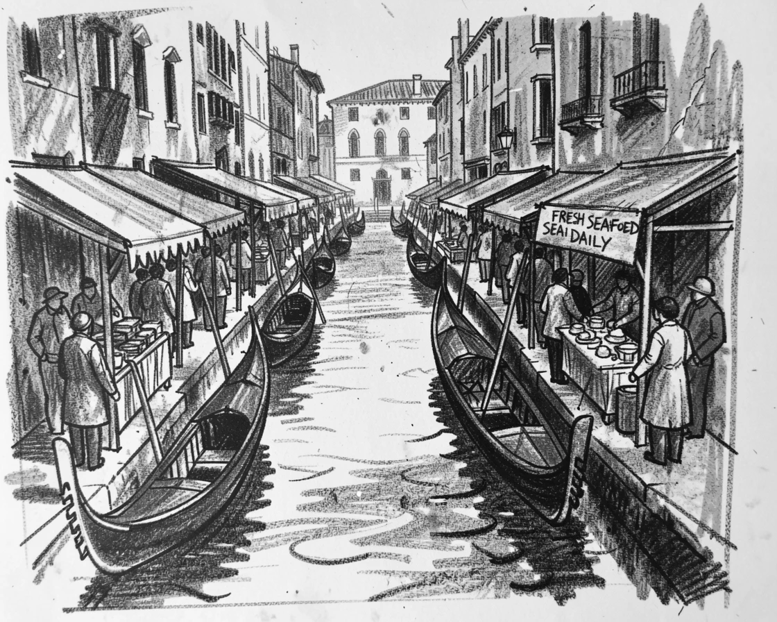 A Venetian canal lined with gondolas surrounded by bustling crowds and market stalls.