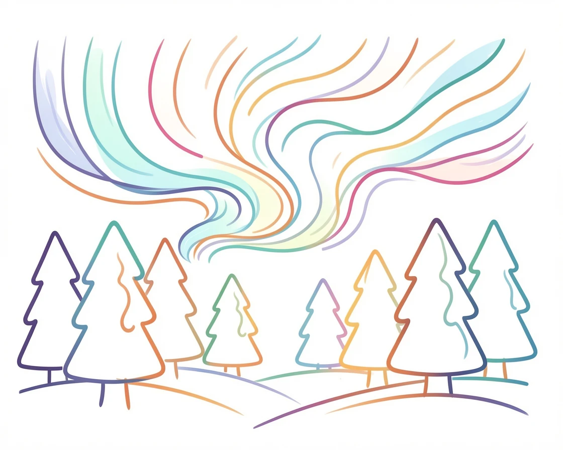 A winter aurora display glowing above a snow-covered pine forest.