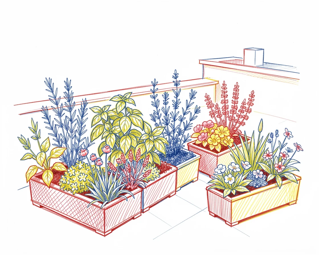 A rooftop garden overflowing with herbs and blooming flower boxes