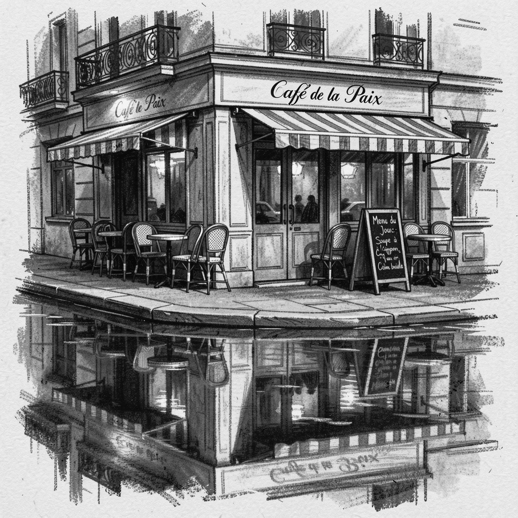 A Parisian café street corner reflected perfectly in calm water nearby.