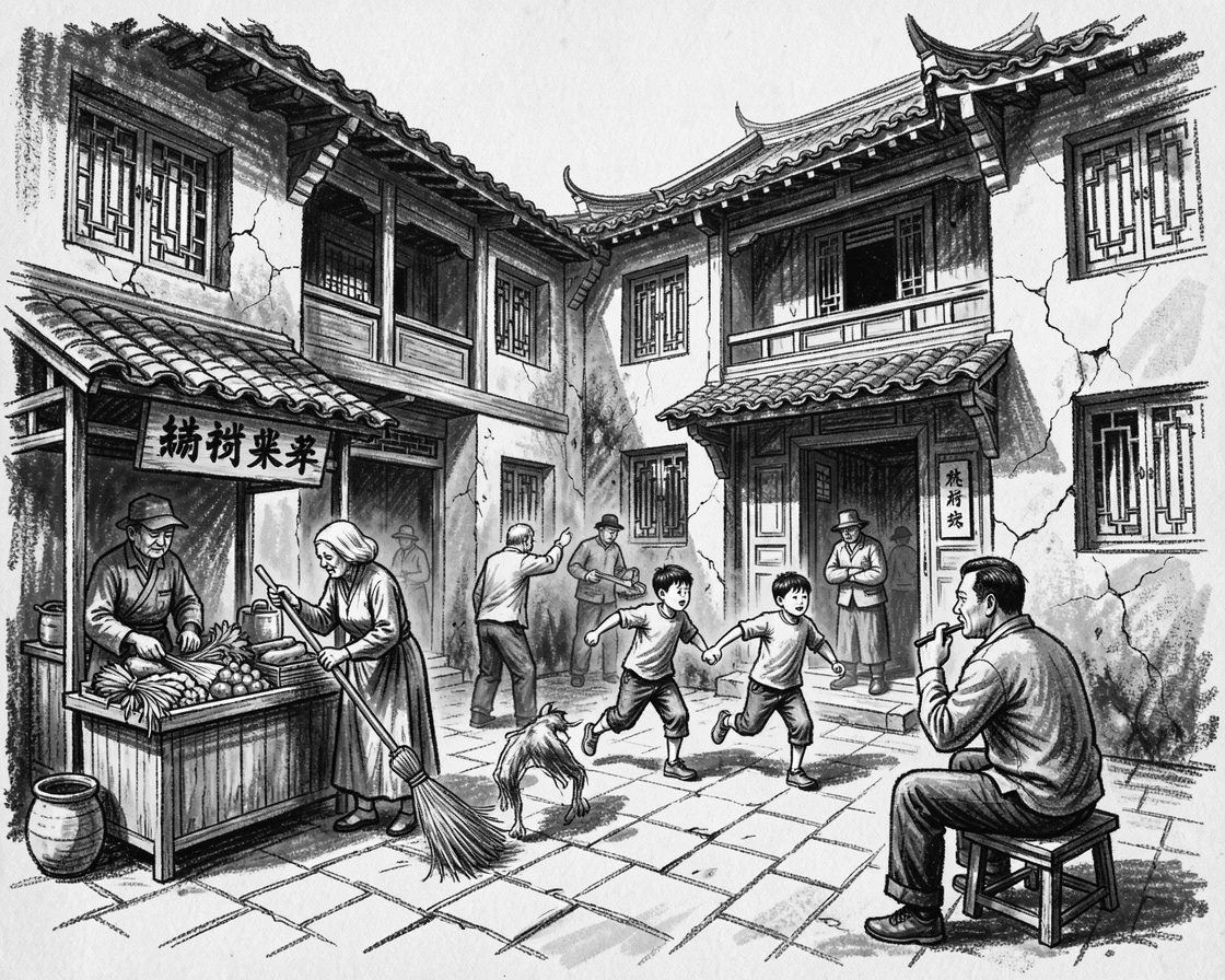 A traditional Chinese courtyard house with locals going about their daily life nearby.