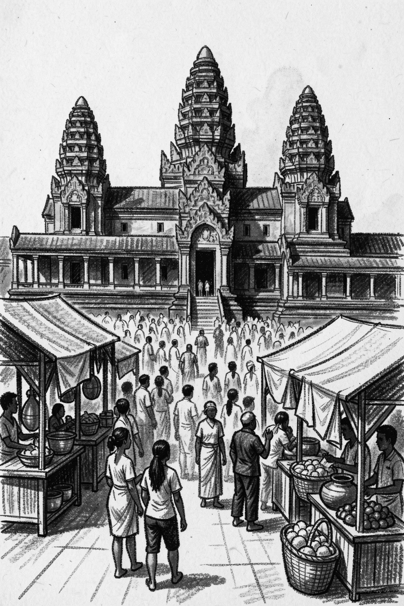 The temples of Angkor Wat surrounded by bustling crowds and market stalls.