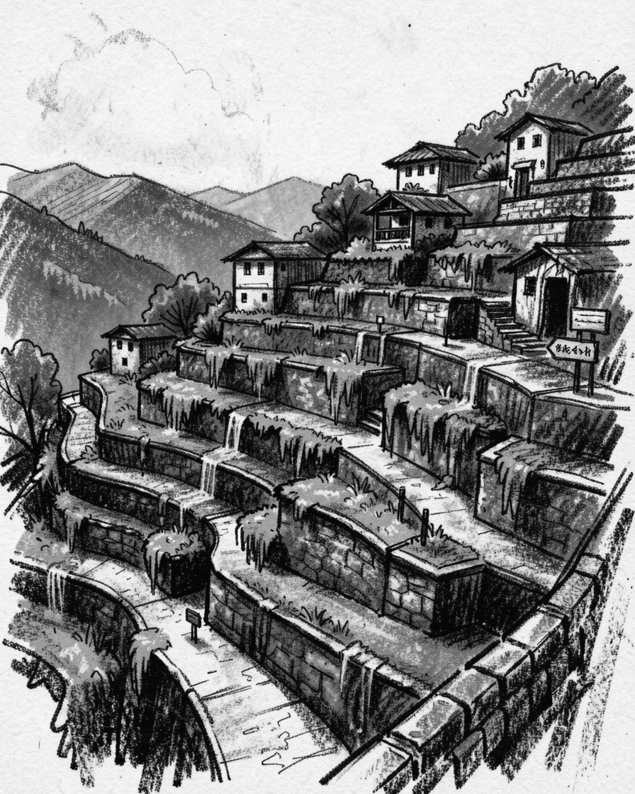 The hanging gardens of a hillside village viewed from a quiet elevated vantage point.