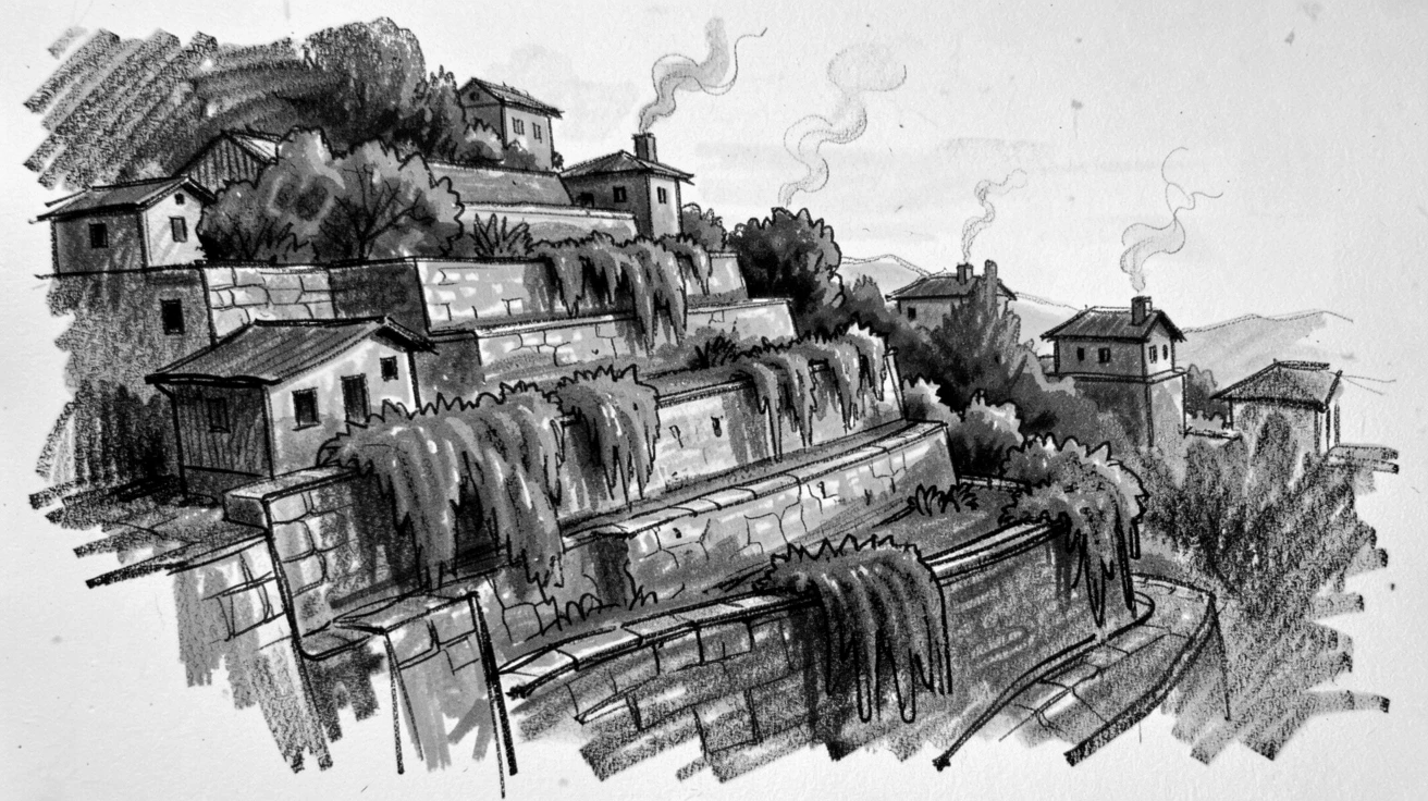 The hanging gardens of a hillside village bathed in warm golden-hour light.