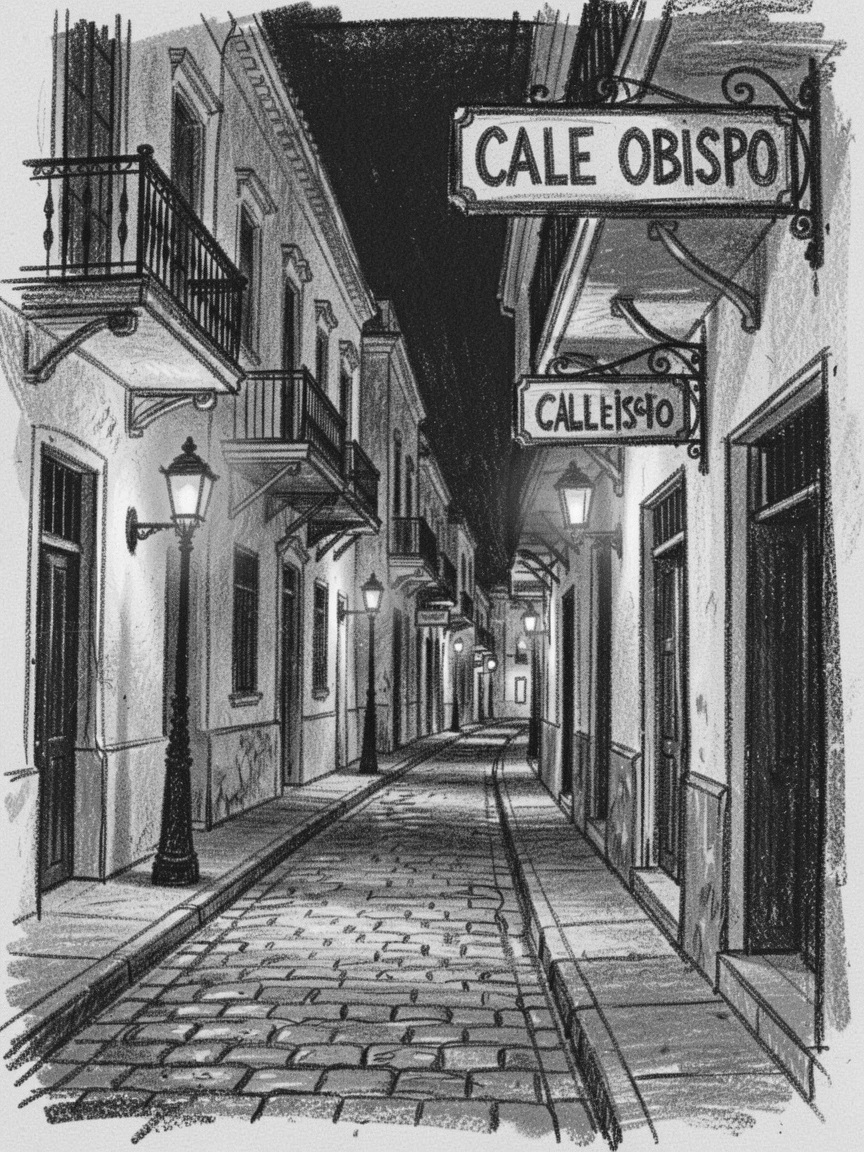 The streets of old Havana illuminated by warm street lamps at night.
