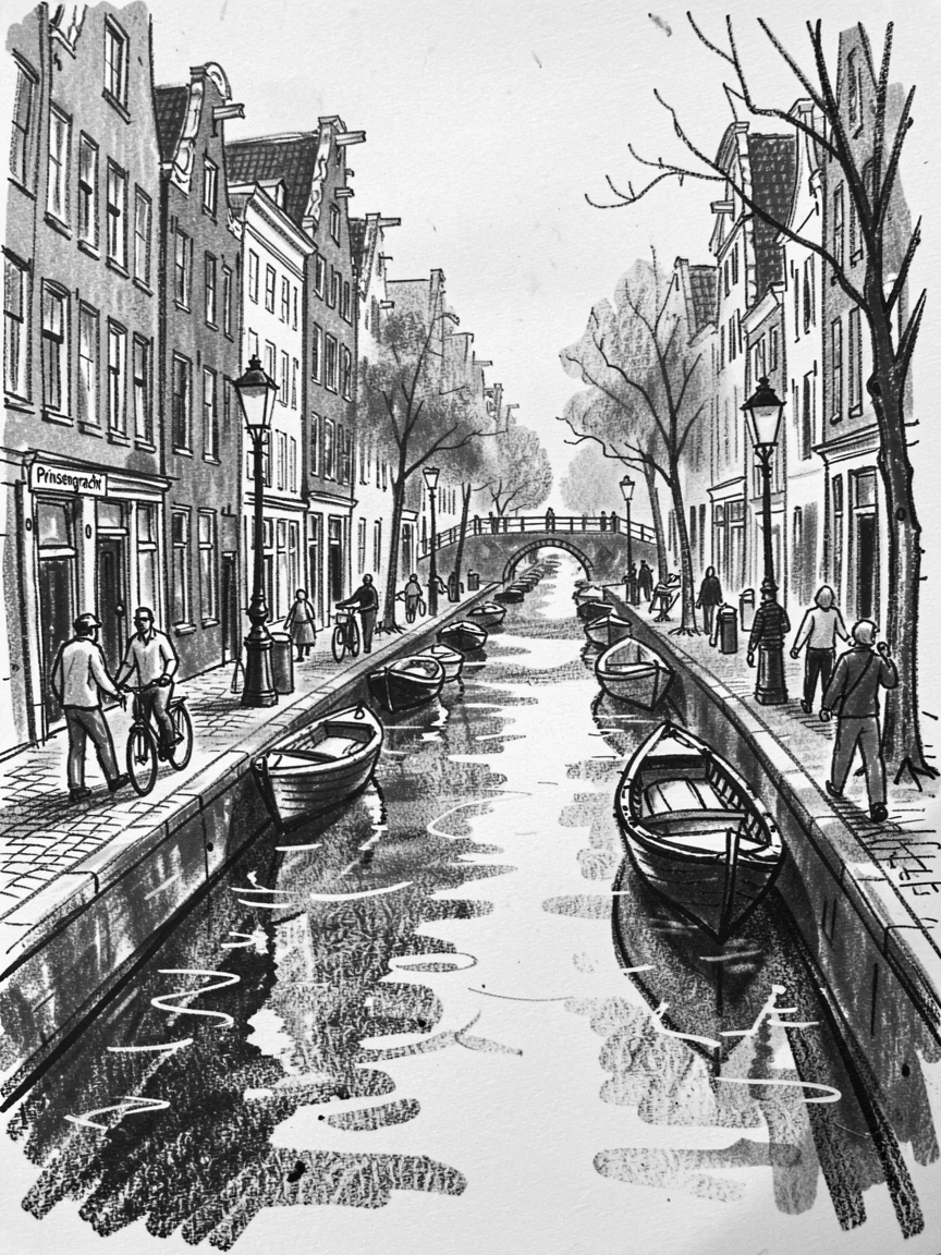 The canals of Amsterdam with locals going about their daily life nearby.