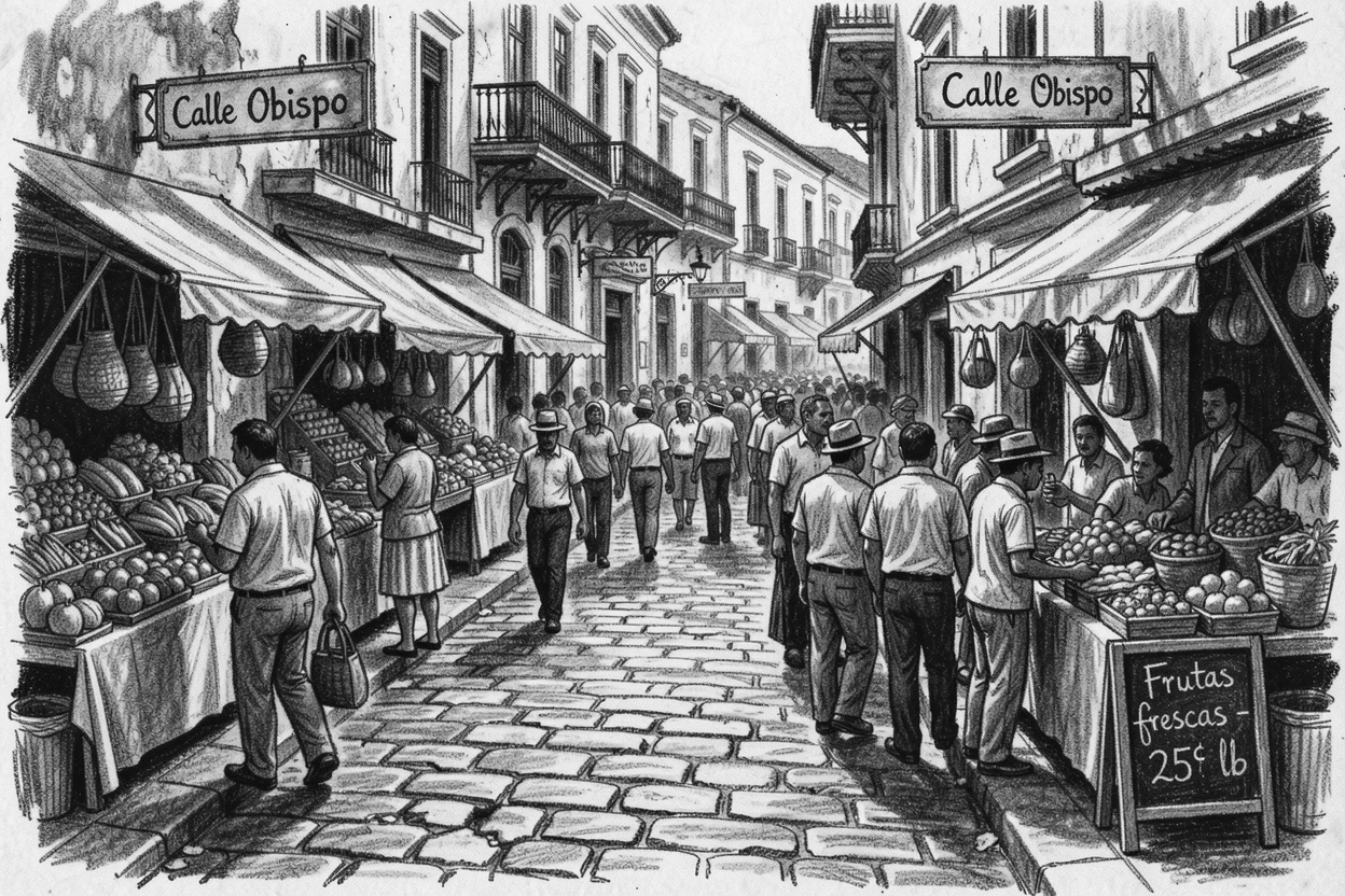 The streets of old Havana surrounded by bustling crowds and market stalls.