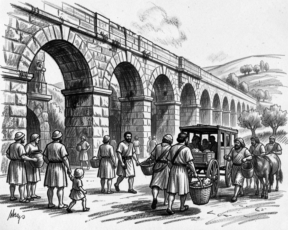 An ancient Roman aqueduct with locals going about their daily life nearby.