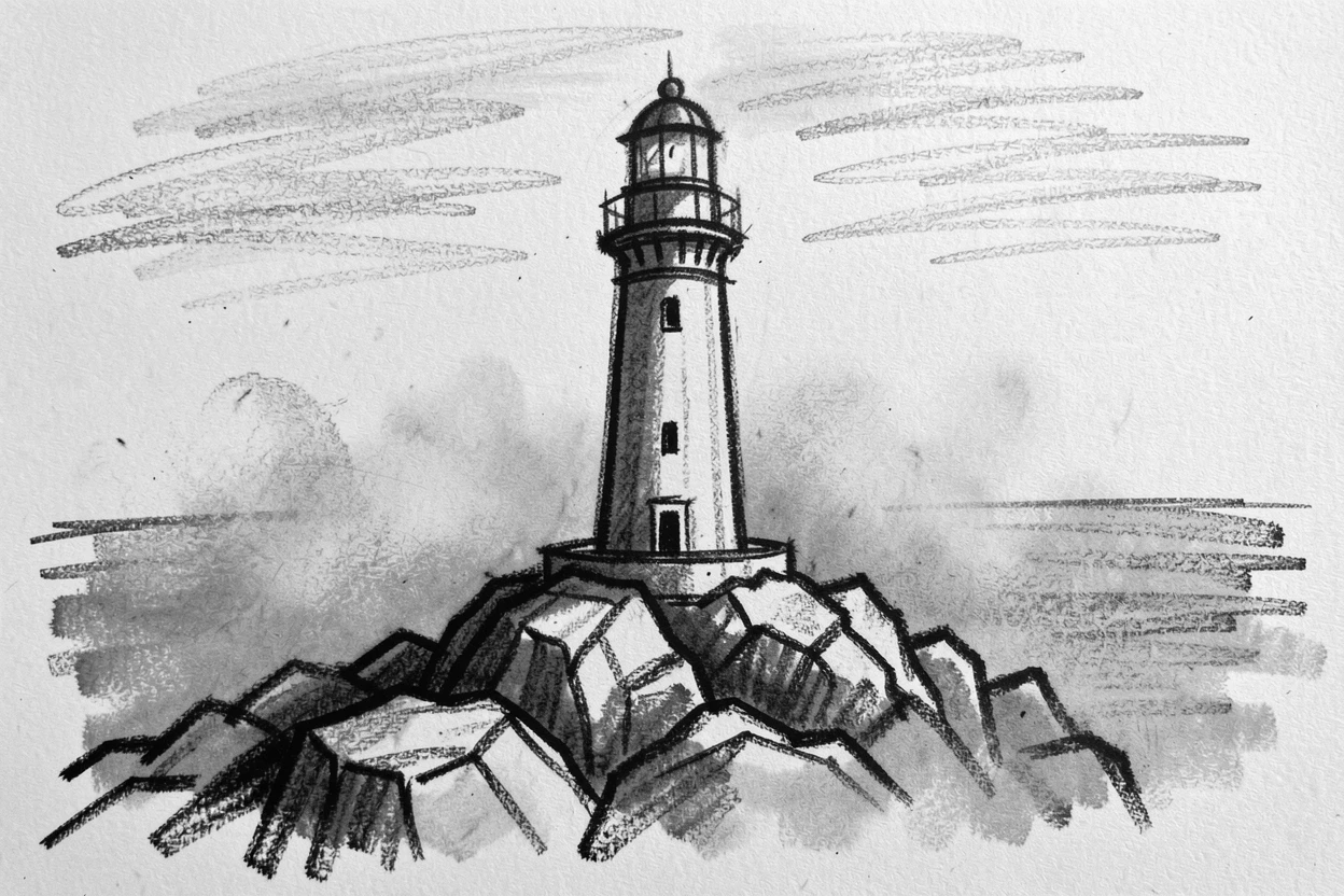 A lighthouse on a rocky coast shrouded in gentle morning mist.