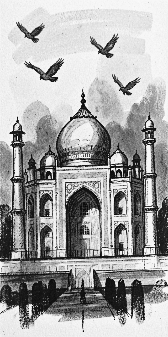 The Taj Mahal as birds fly across the sky above.
