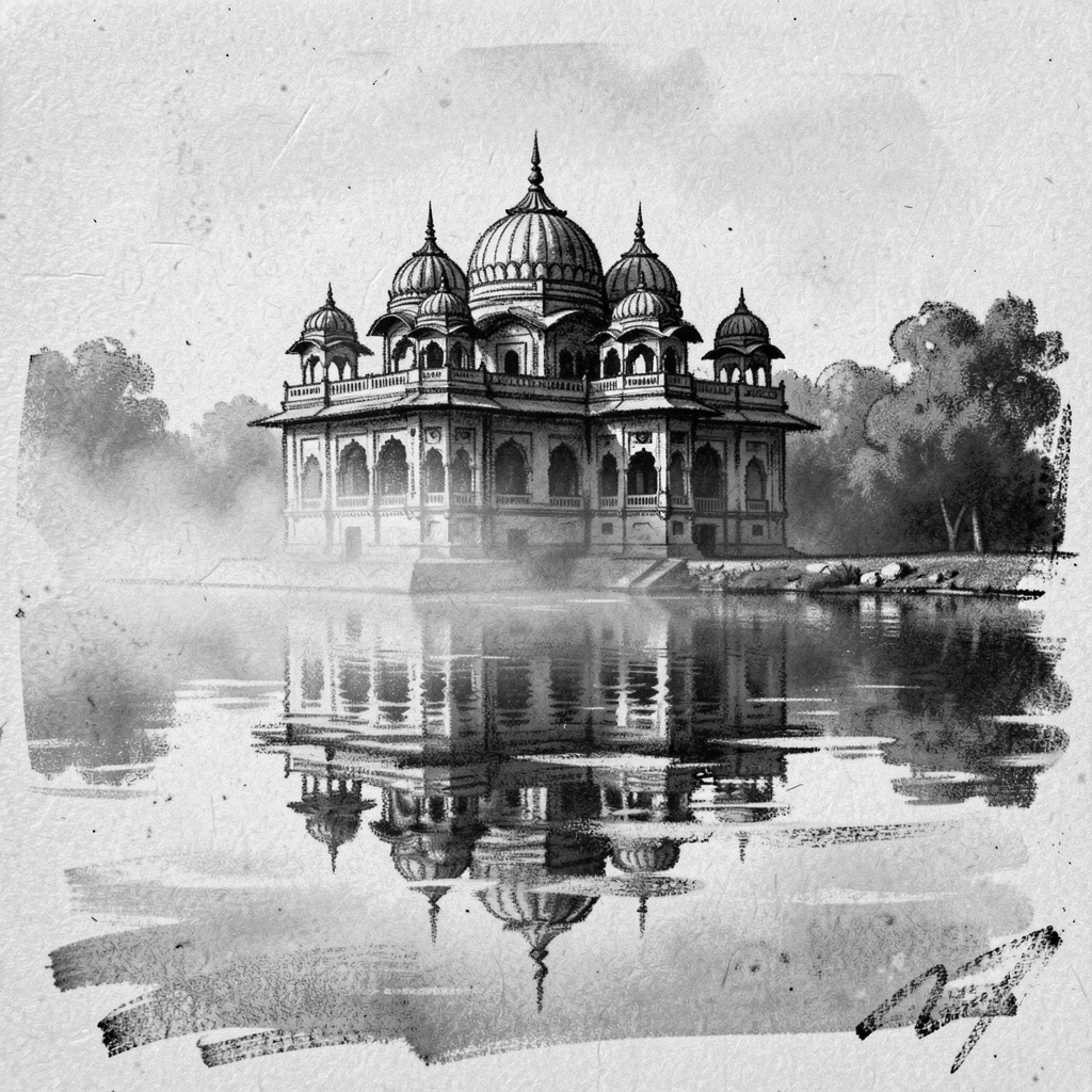 An Indian palace reflected in a lake shrouded in gentle morning mist.