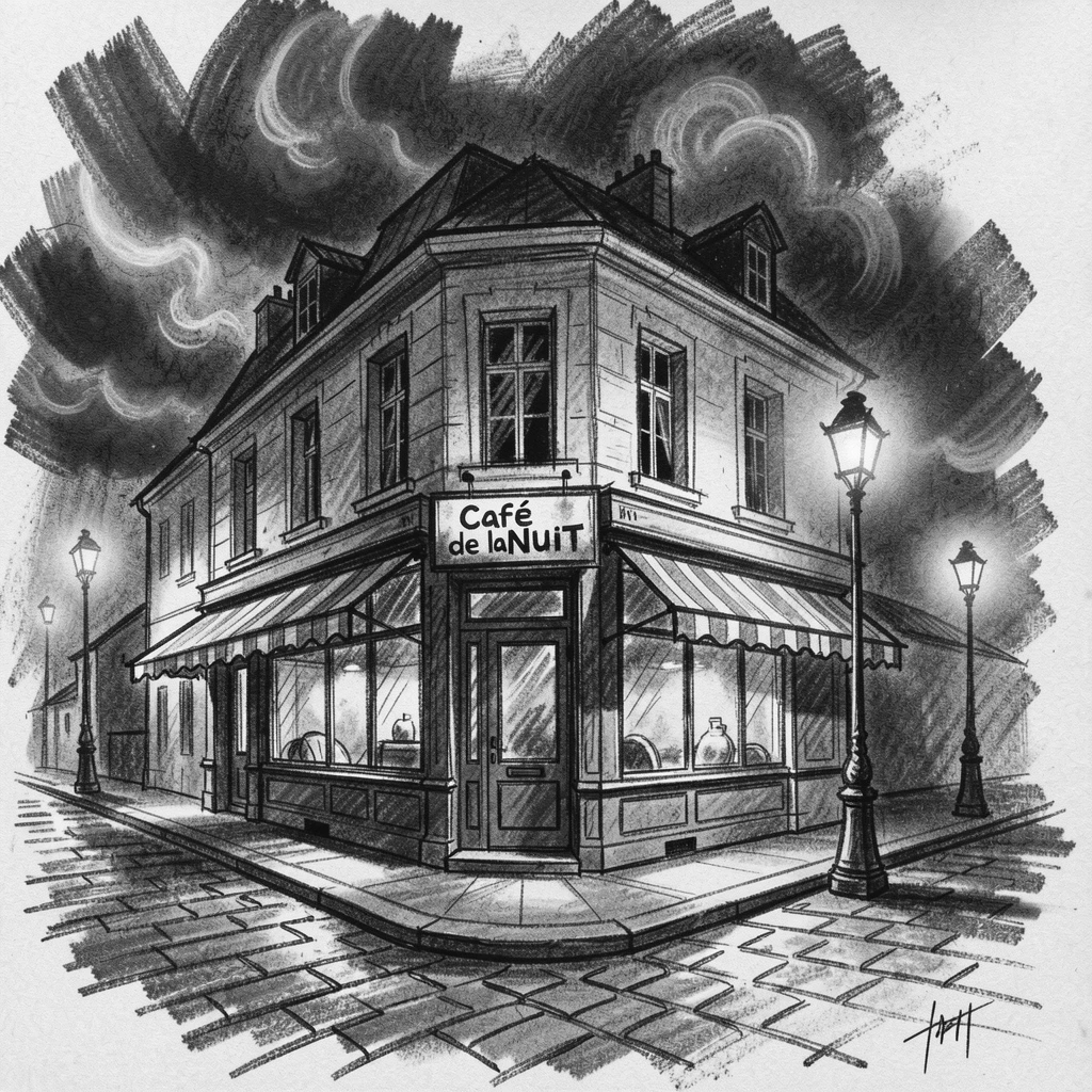 A Parisian café street corner under a dramatic evening sky.