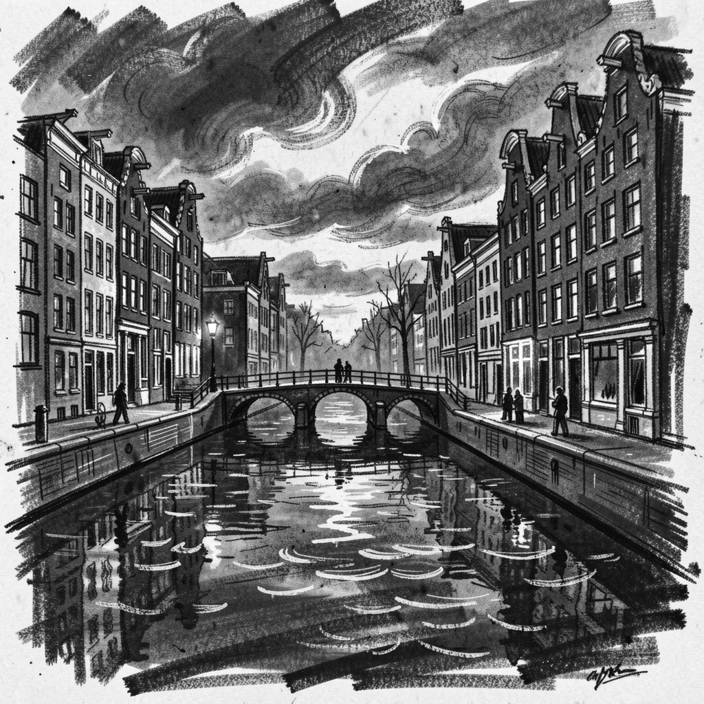 The canals of Amsterdam under a dramatic evening sky.