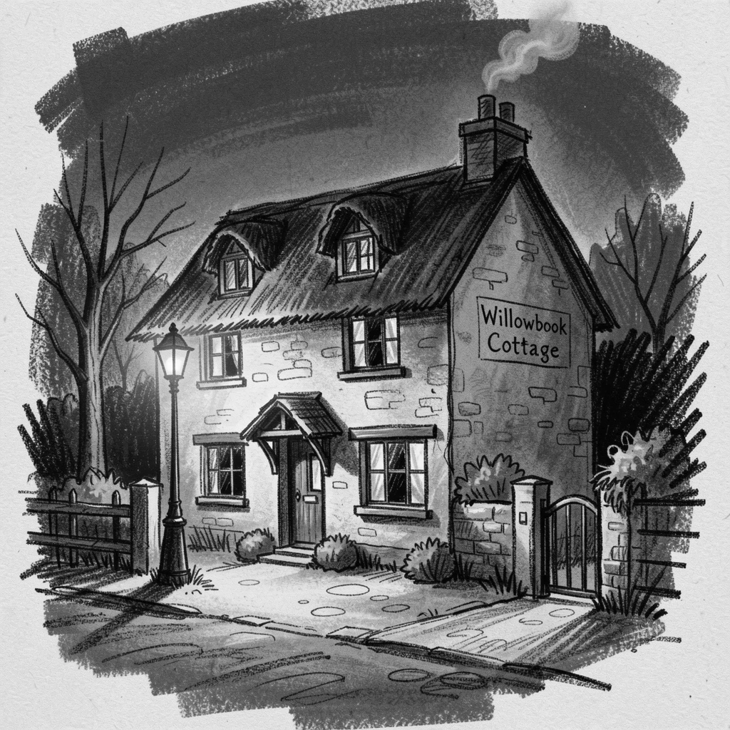 An old English countryside cottage illuminated by warm street lamps at night.