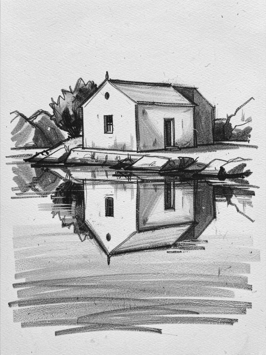 A Greek island chapel reflected perfectly in calm water nearby.