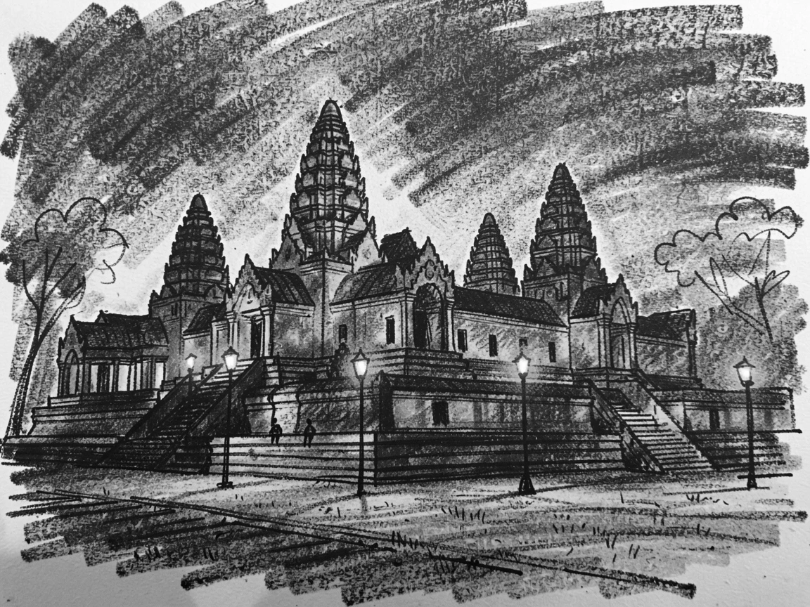 The temples of Angkor Wat illuminated by warm street lamps at night.