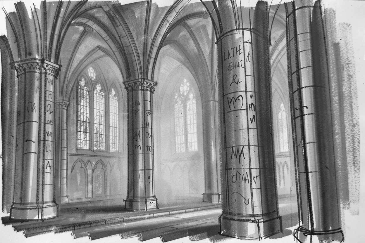 A grand cathedral interior shrouded in gentle morning mist.
