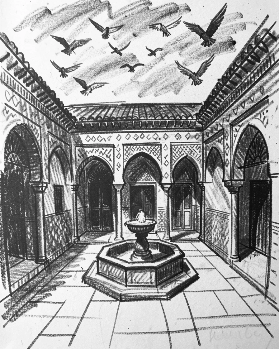 A Moroccan riad courtyard as birds fly across the sky above.