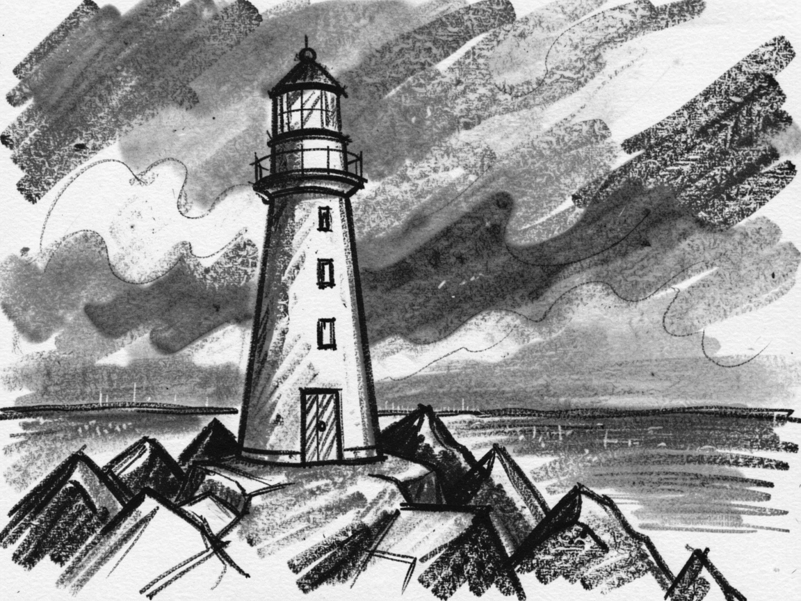 A lighthouse on a rocky coast as a storm rolls in over the horizon.