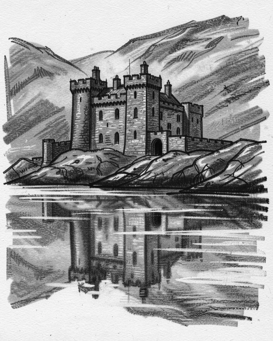 A Scottish highland castle reflected perfectly in calm water nearby.