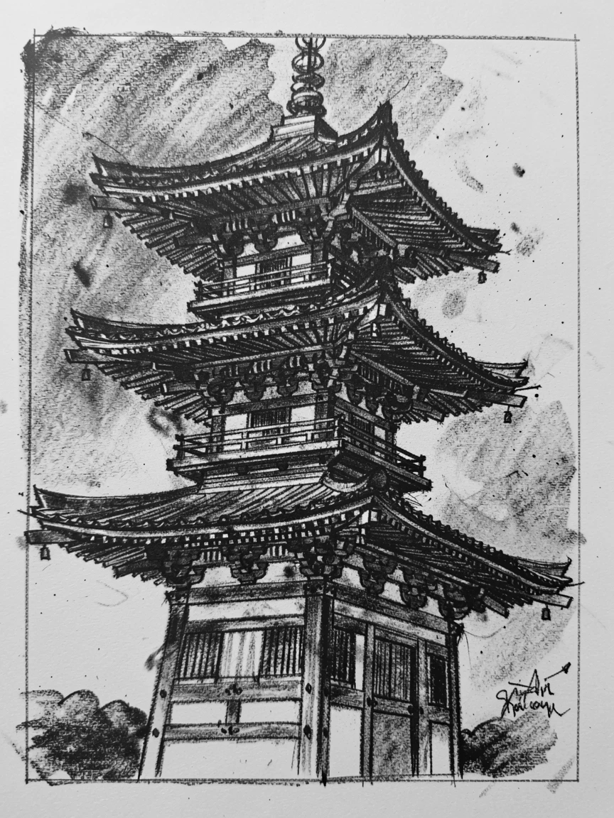 A traditional Japanese pagoda with intricate details visible up close.