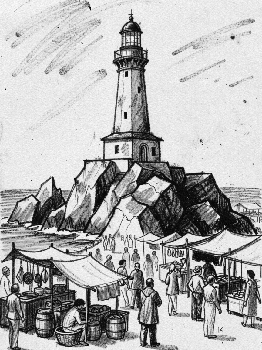 A lighthouse on a rocky coast surrounded by bustling crowds and market stalls.