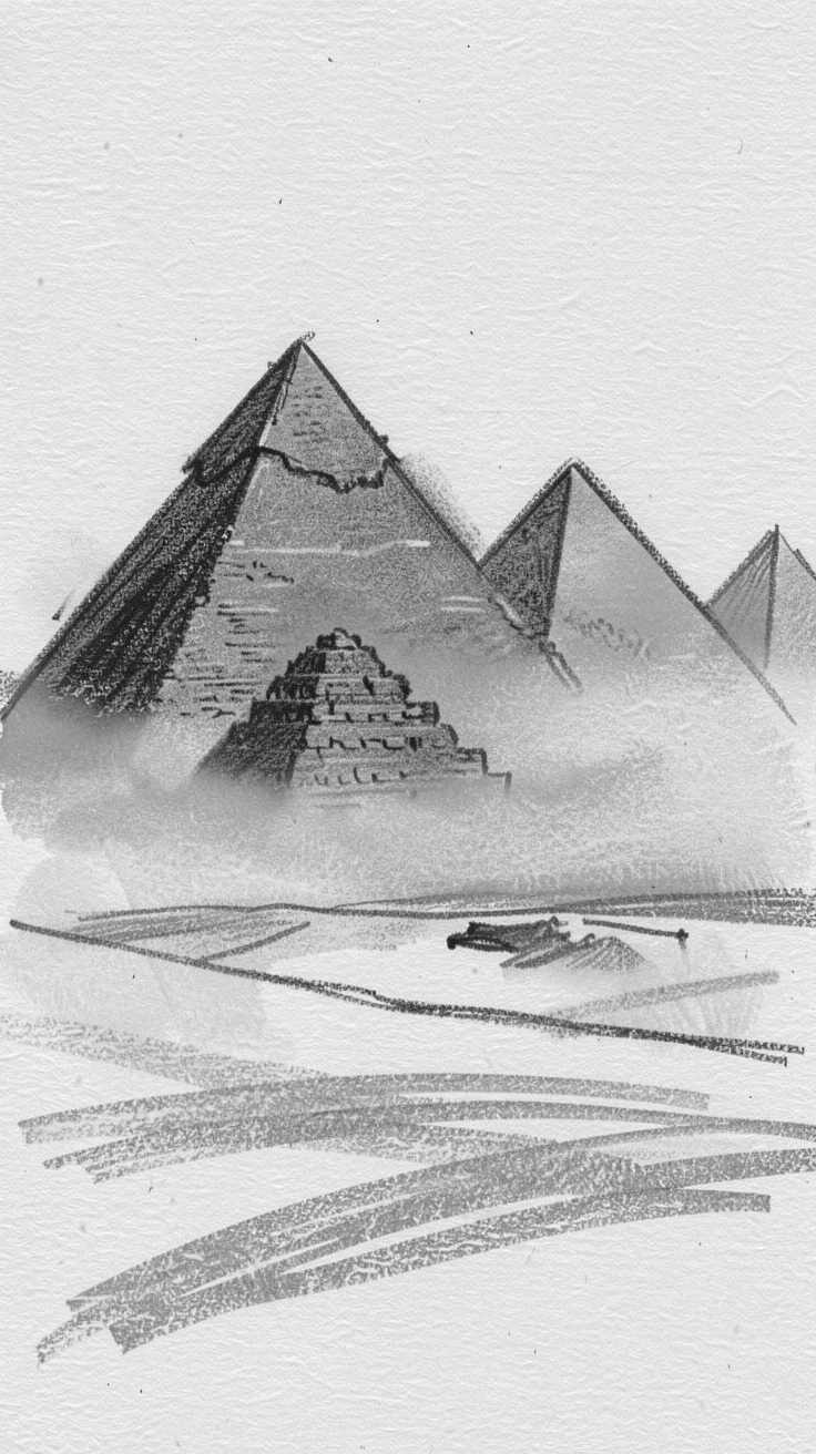 The pyramids of Giza shrouded in gentle morning mist.
