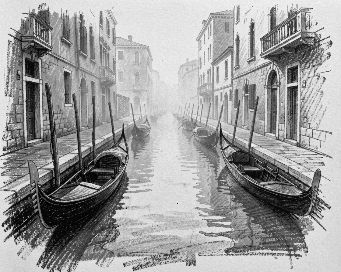 A Venetian canal lined with gondolas shrouded in gentle morning mist.