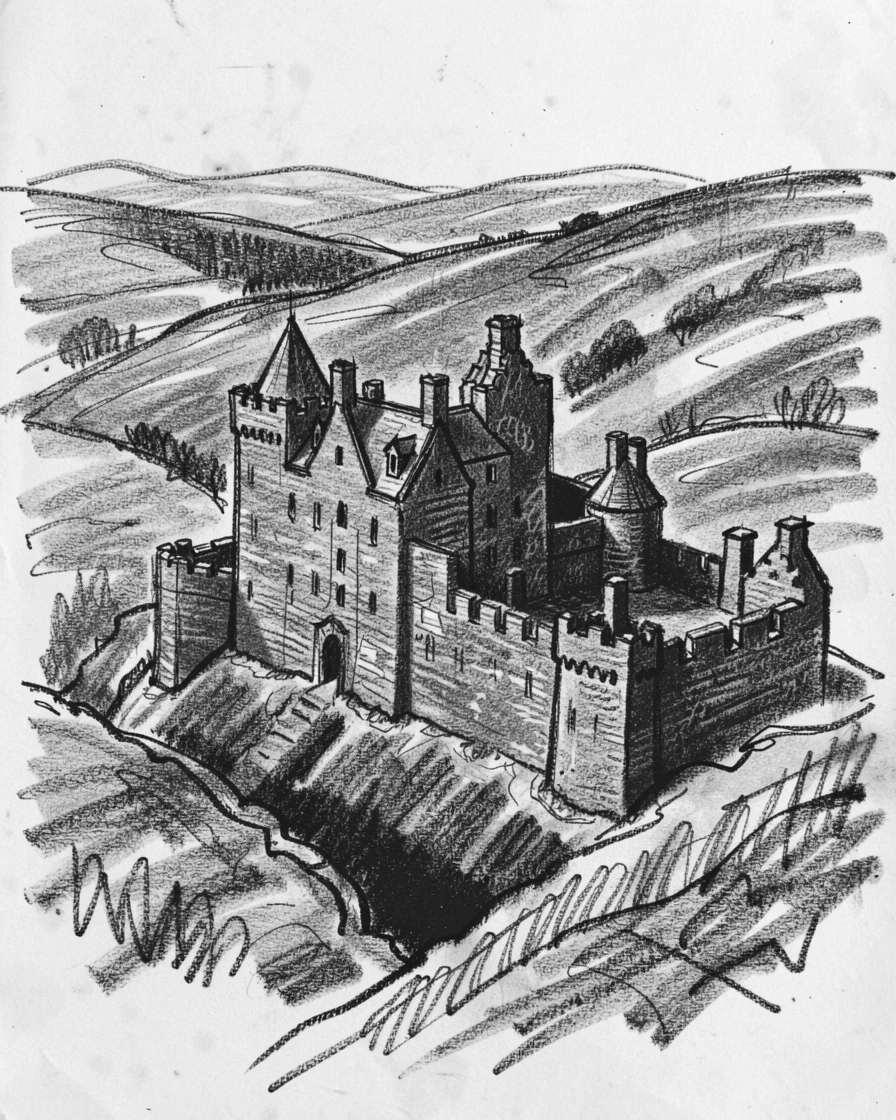 A Scottish highland castle viewed from a quiet elevated vantage point.